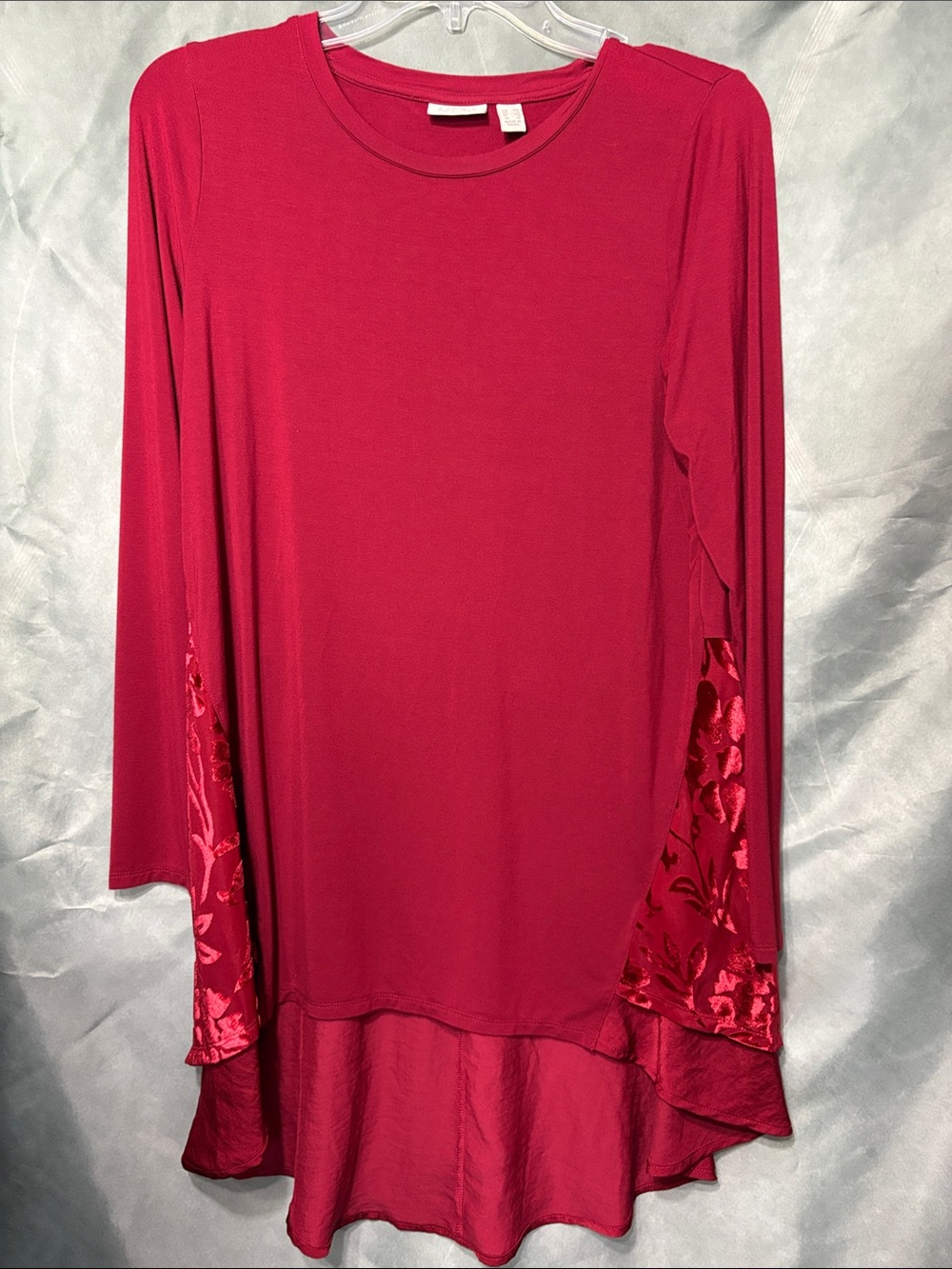 LOGO by Lori Goldstein Long Sleeve Burgundy Swing Top with Velvet Sleeve Panels